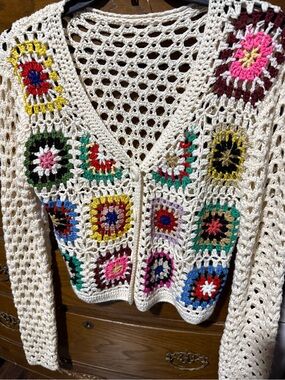SHEIN Cream Crochet Granny Square Cardigan with Multicolor Accents